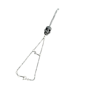 Silver metal rhinestone studded skull hand chain bracelet - goth halloween